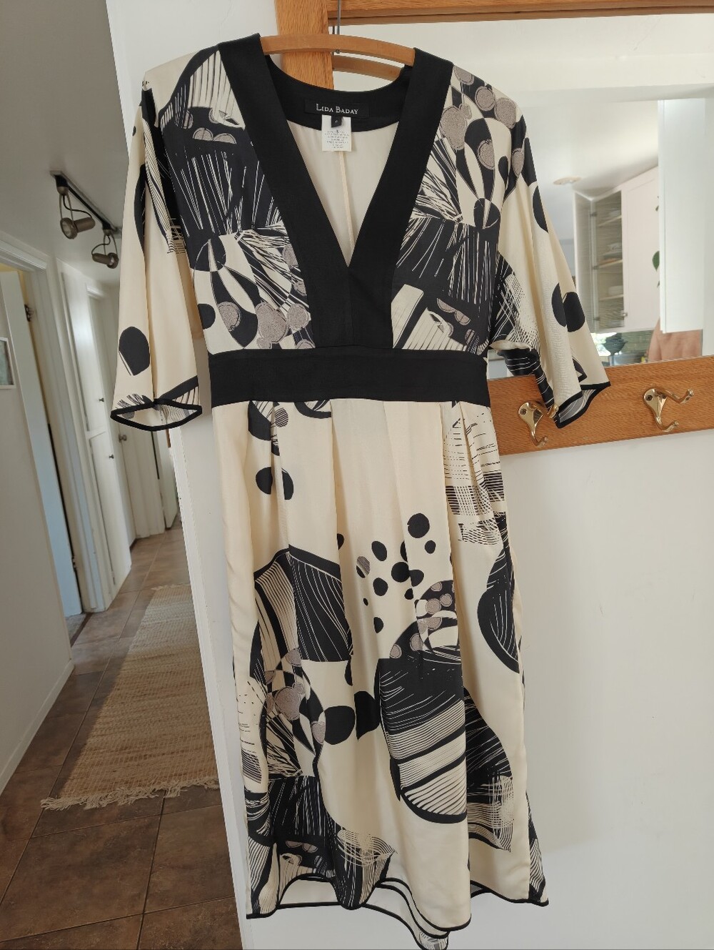 Lida Baday Cream and Black Printed V-Neck Dress